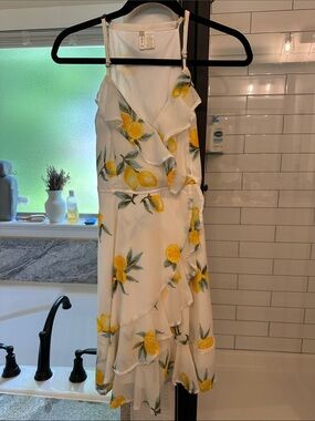 White Lemon-Print Wrap Dress with Ruffle Trim